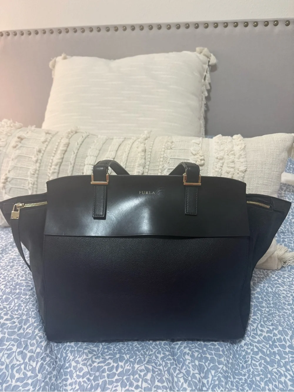 Furla Black Leather Laptop Tote with Gold Accents